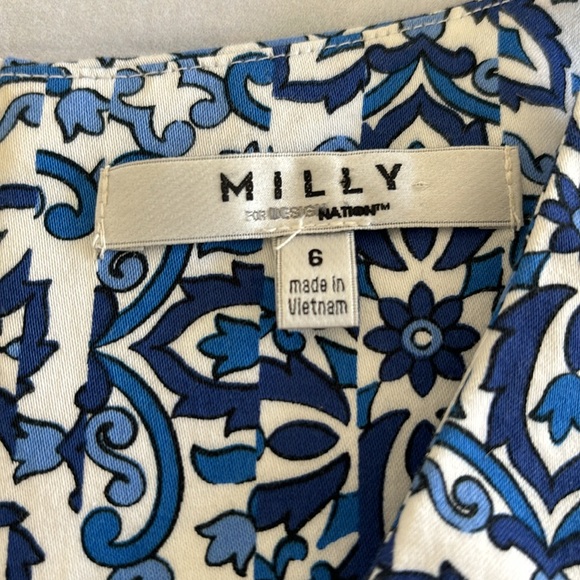 MILLY Dress Design Nation Blue White Mosaic Mallorca Tile Print Fit Flare Size 4 - Picture 7 of 8